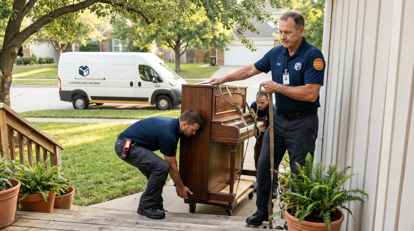 Licensed piano movers securing grand piano in Heath, OH