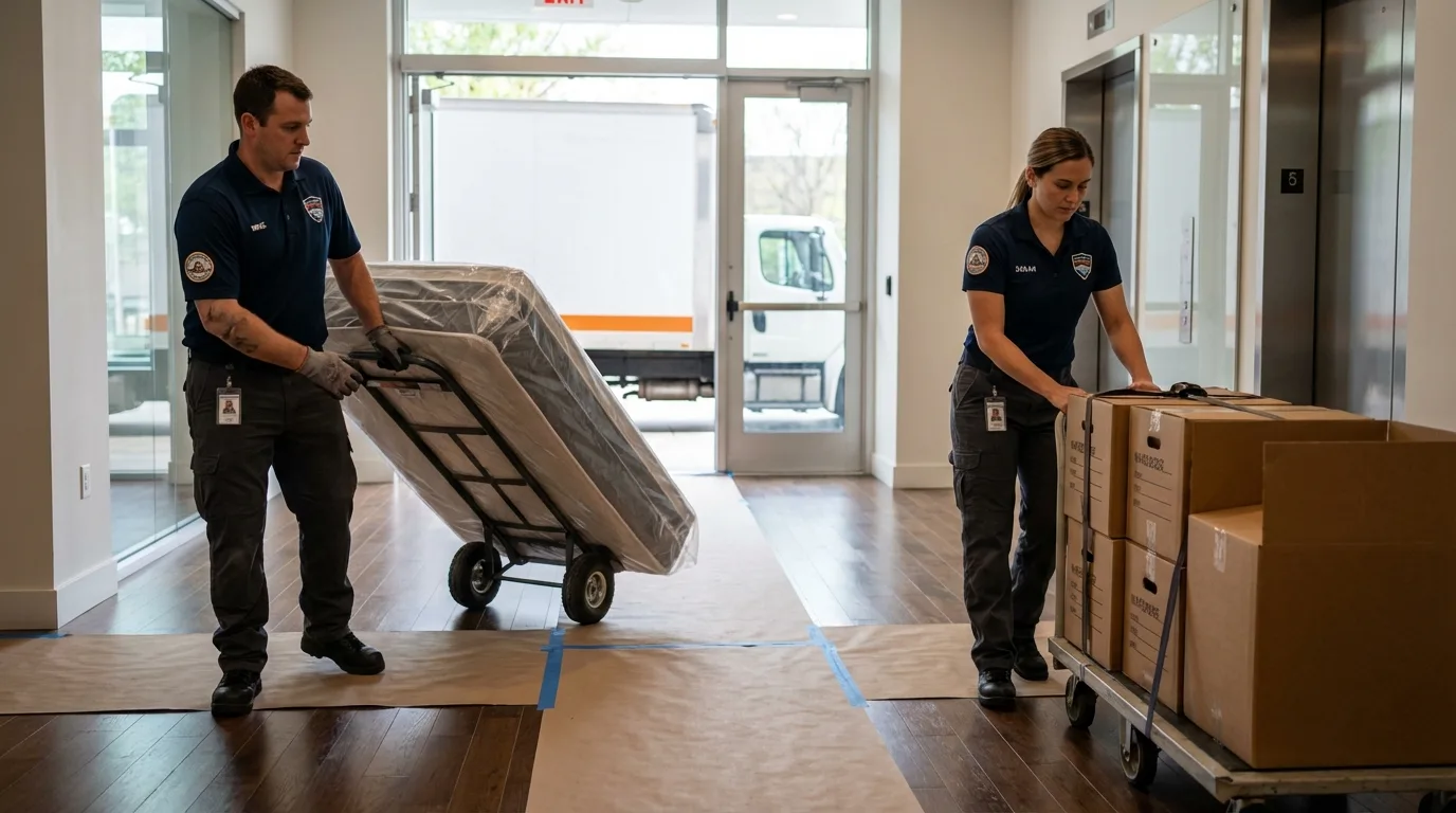 Professional apartment movers loading elevator in Heath, OH